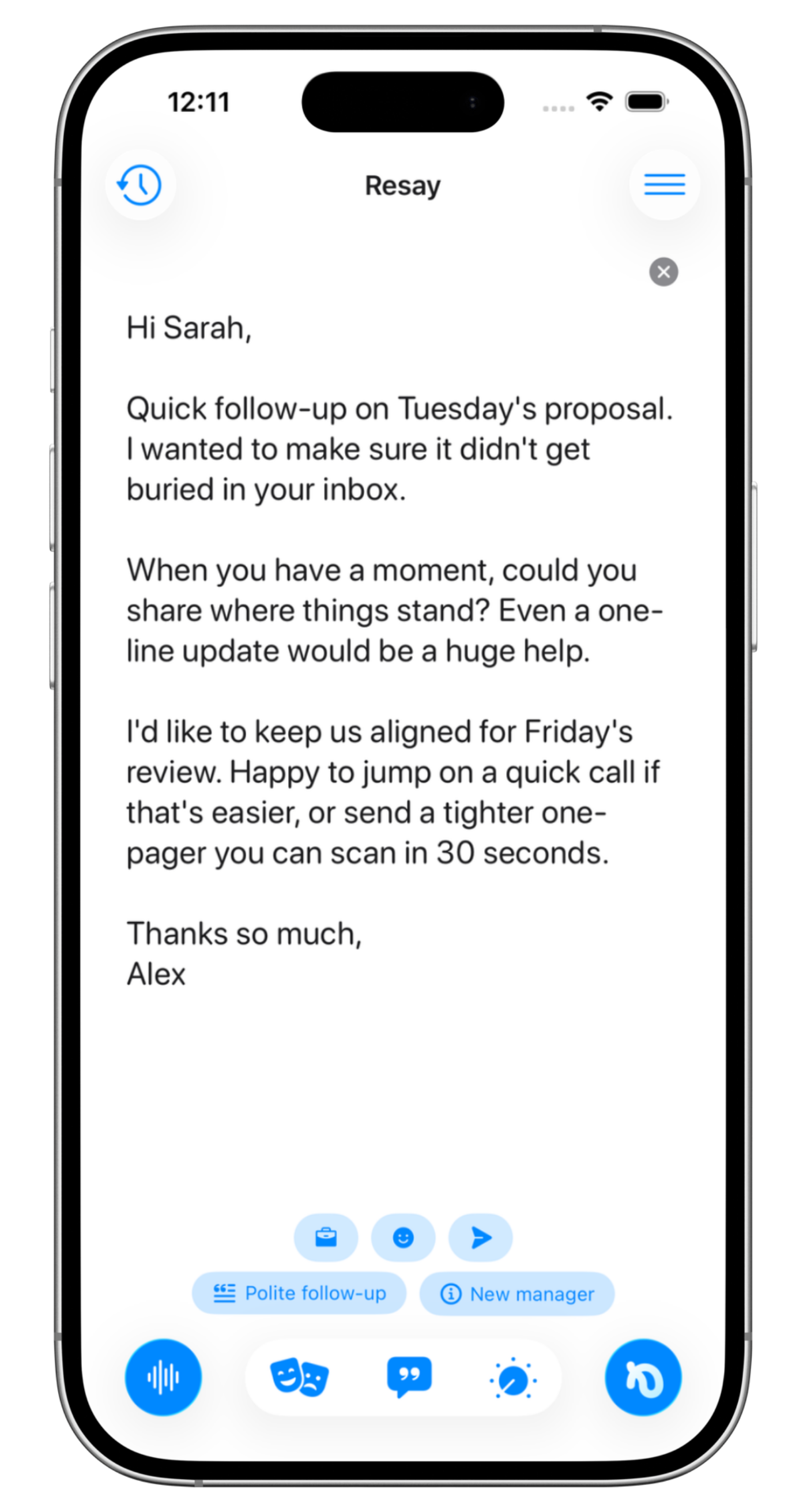 Resay app rewriting a message on iPhone