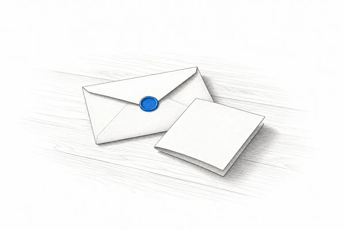 A folded note resting next to an envelope with a wax seal.