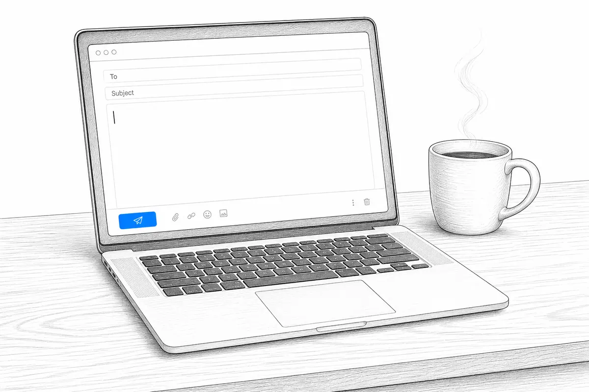 A laptop on a desk with an unsent email and a coffee mug beside it.
