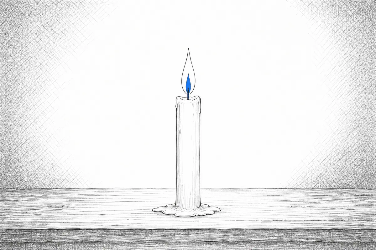 A single white candle burning quietly on a wooden table.