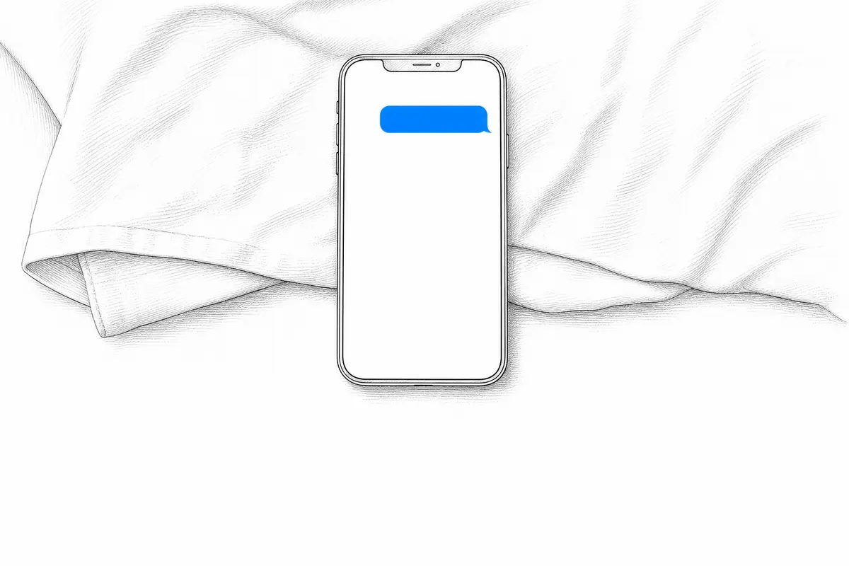 A smartphone on a linen surface showing a single sent message bubble.