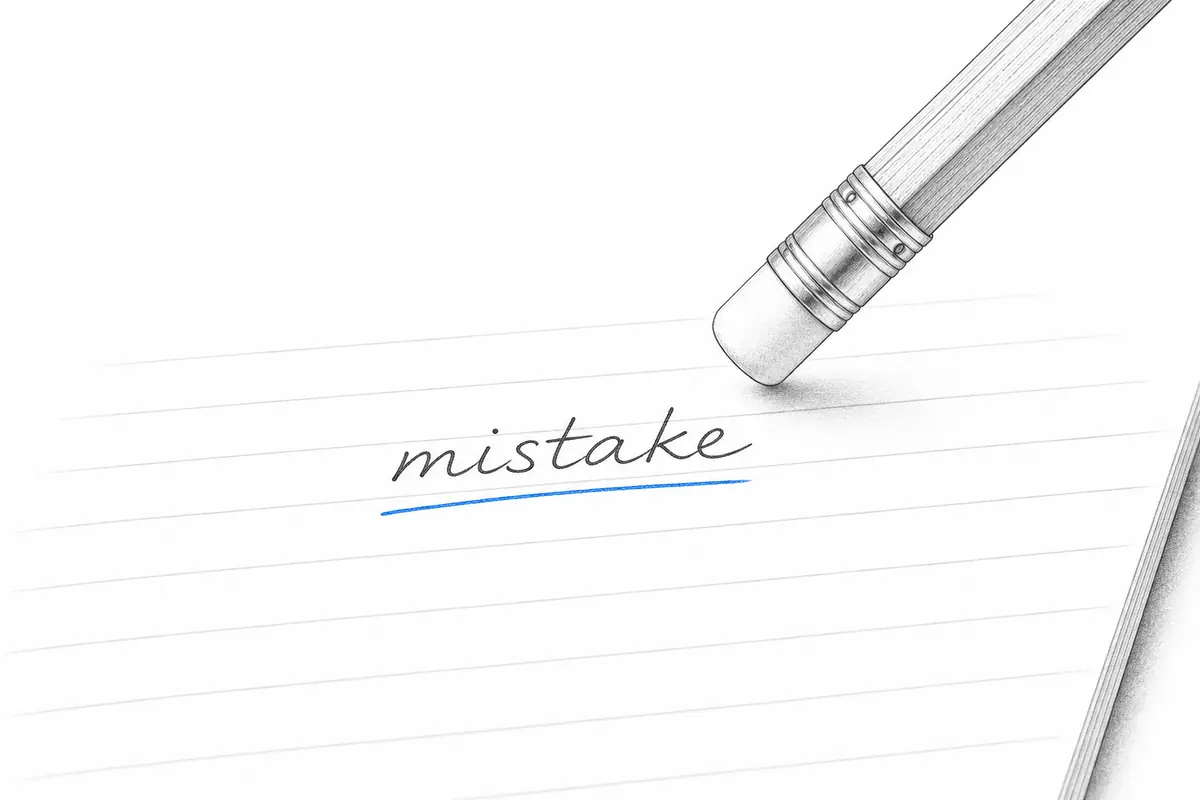 A handwritten word on lined paper with a pencil eraser hovering above it.